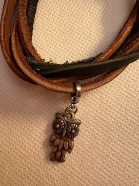 Adjustable Brown Leather Wrap Bracelet with Antique Bronze Owl Charm
